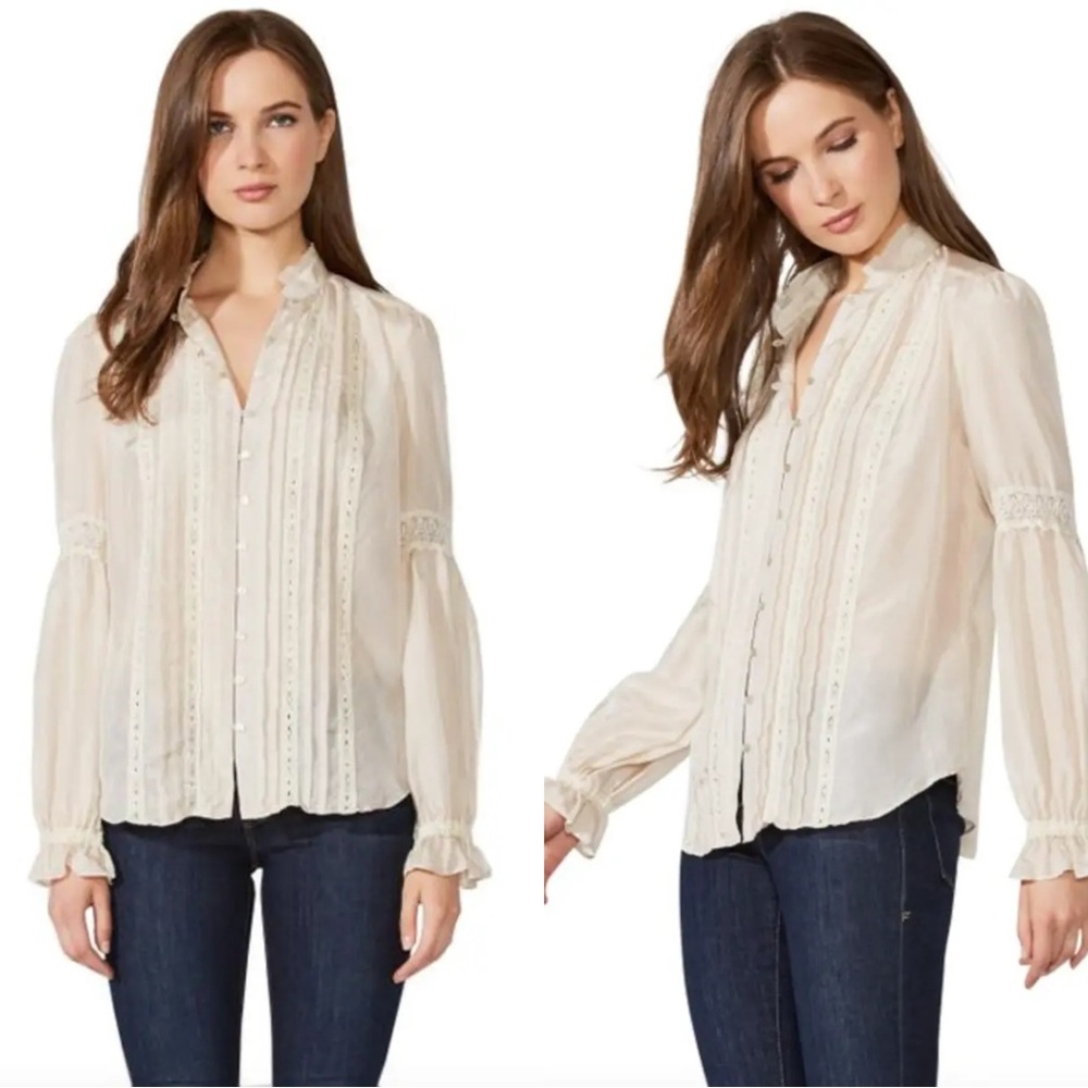 BAILEY 44 Antique Granny Silk Blouse Long Sleeve Button Up Detailed Cream Size L